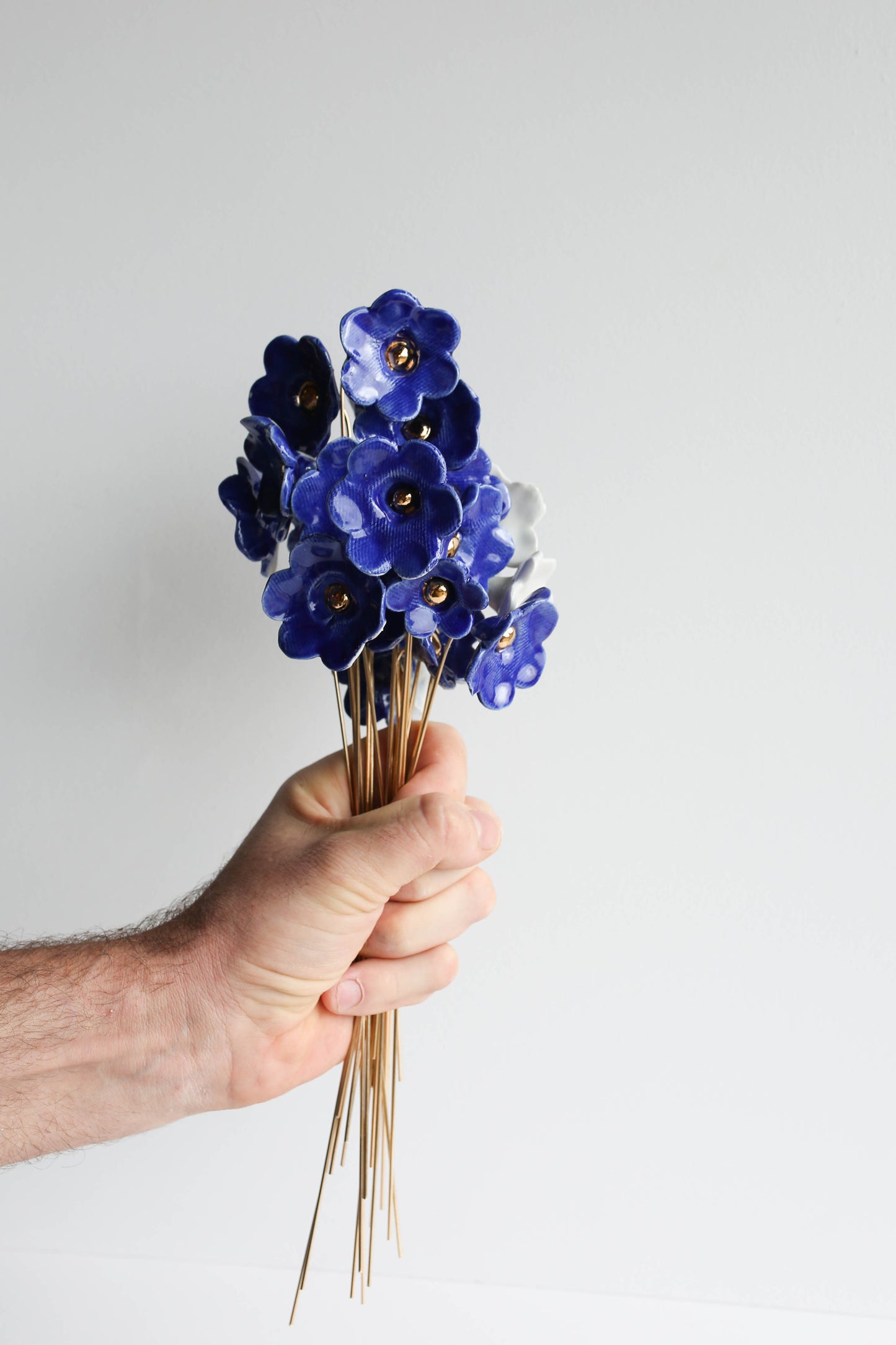 Porcelain Flower set of three on brass wire BLUE