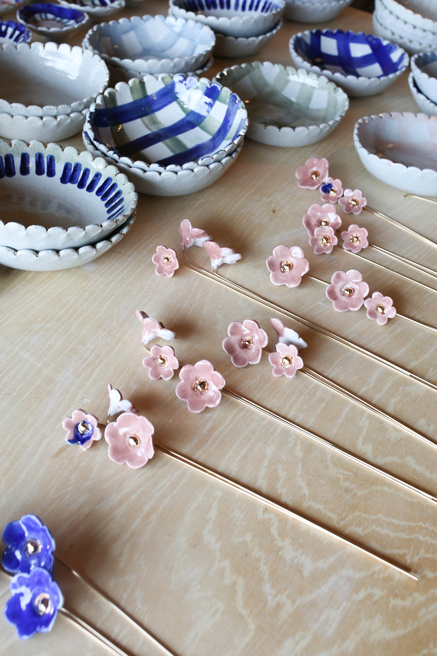 Porcelain Flower set of three on brass wire BLUE