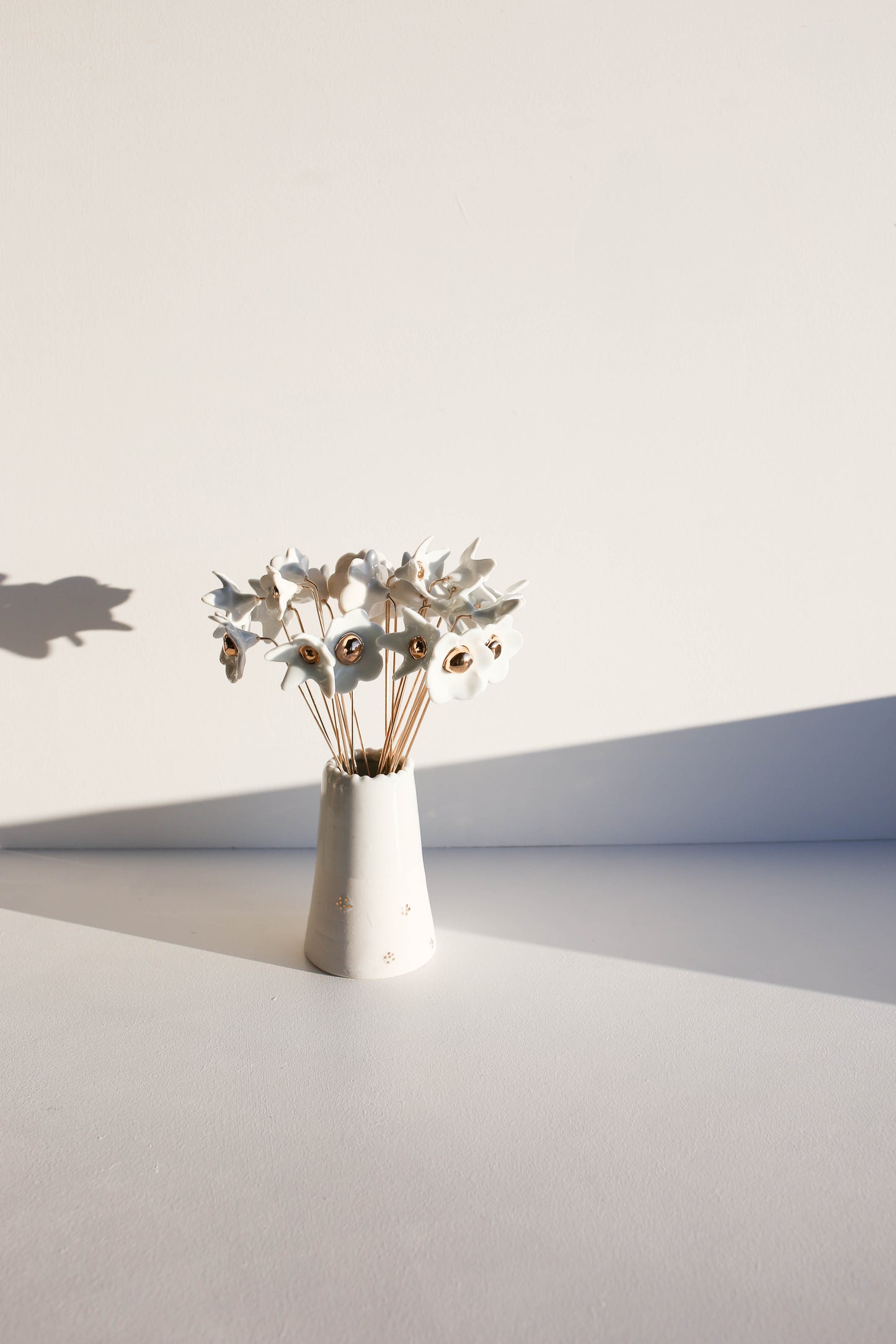 Porcelain Flower set of three on brass wire WHITE