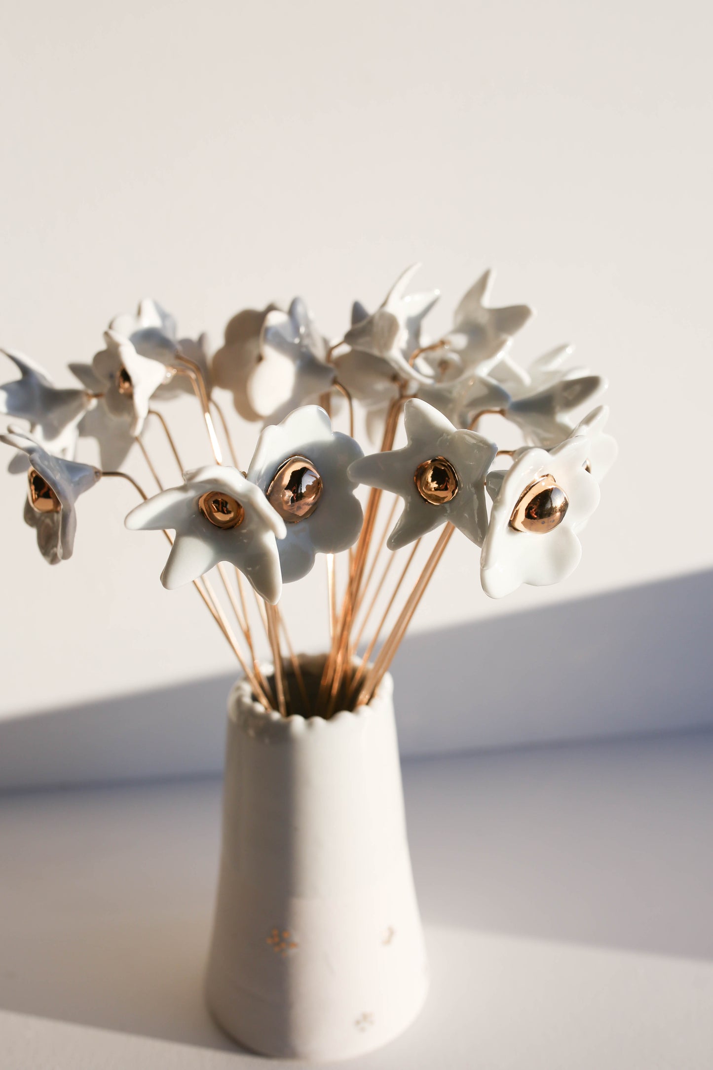 Porcelain Flower set of three on brass wire WHITE