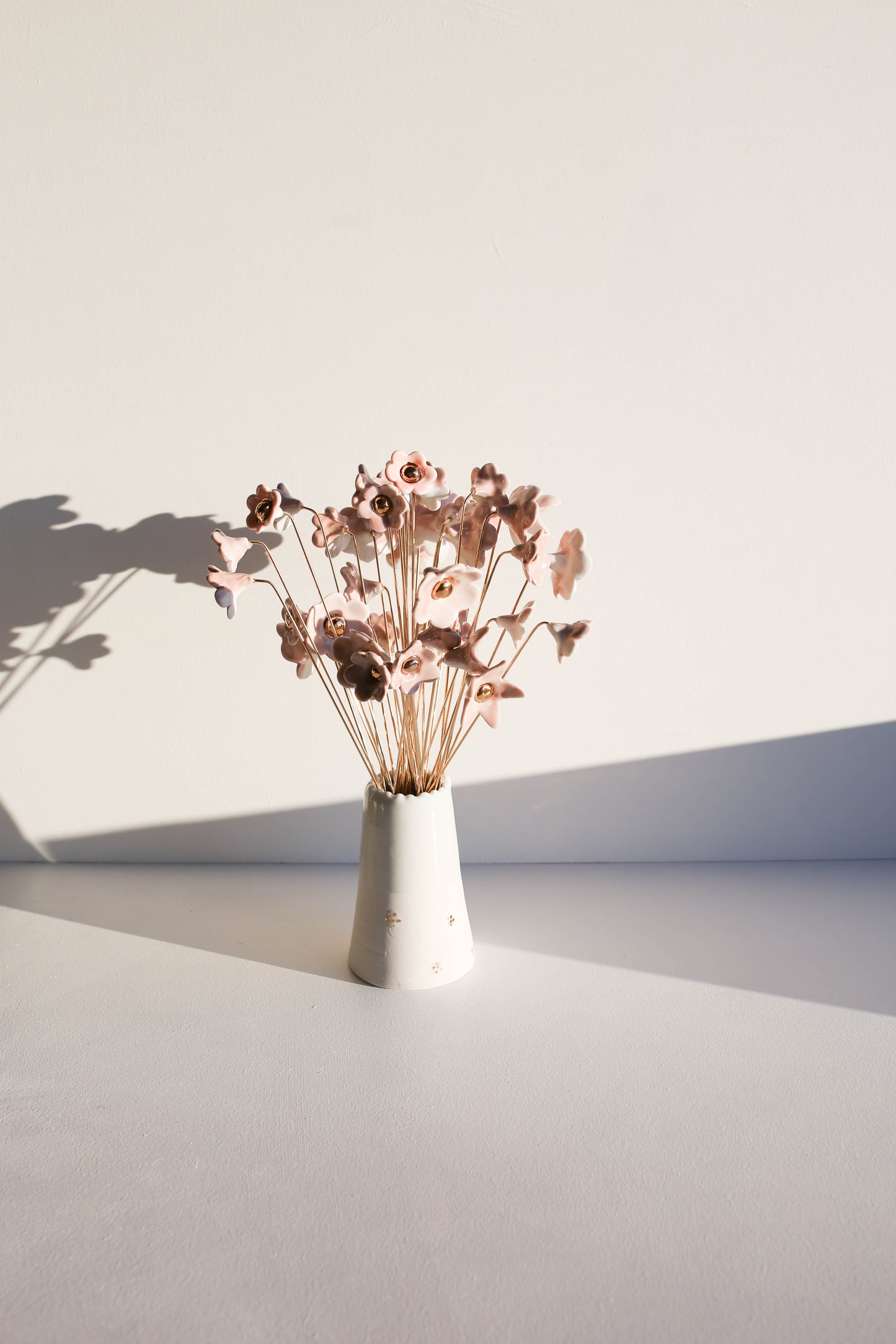 Porcelain Flower set of three on brass wire PINK