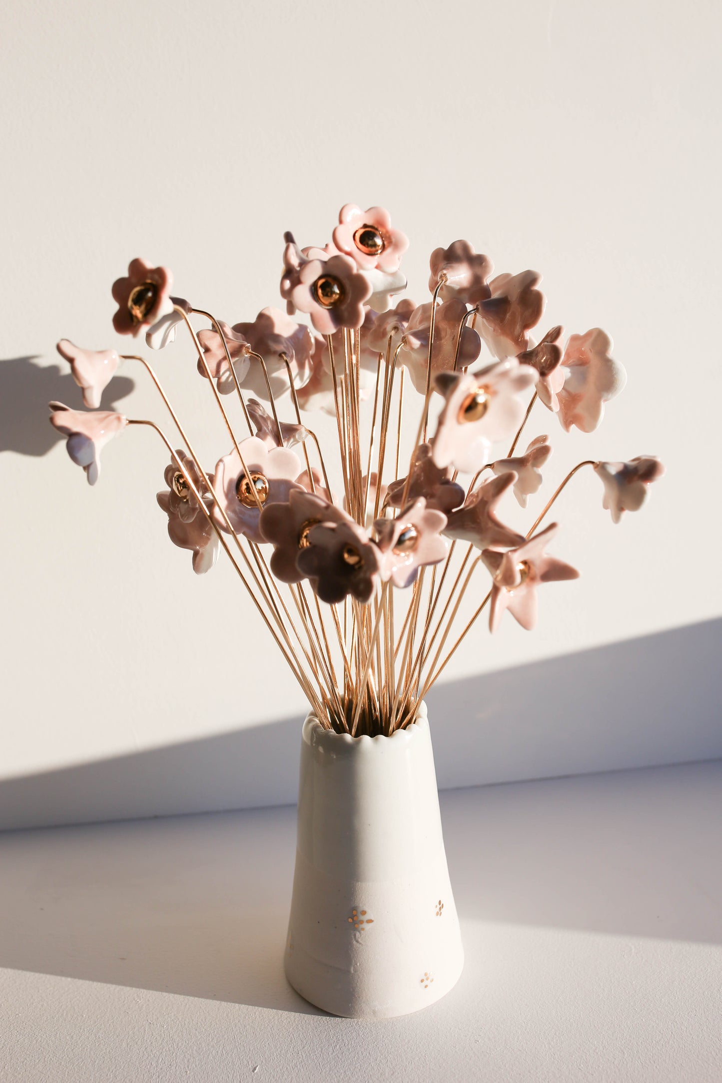 Porcelain Flower set of three on brass wire PINK
