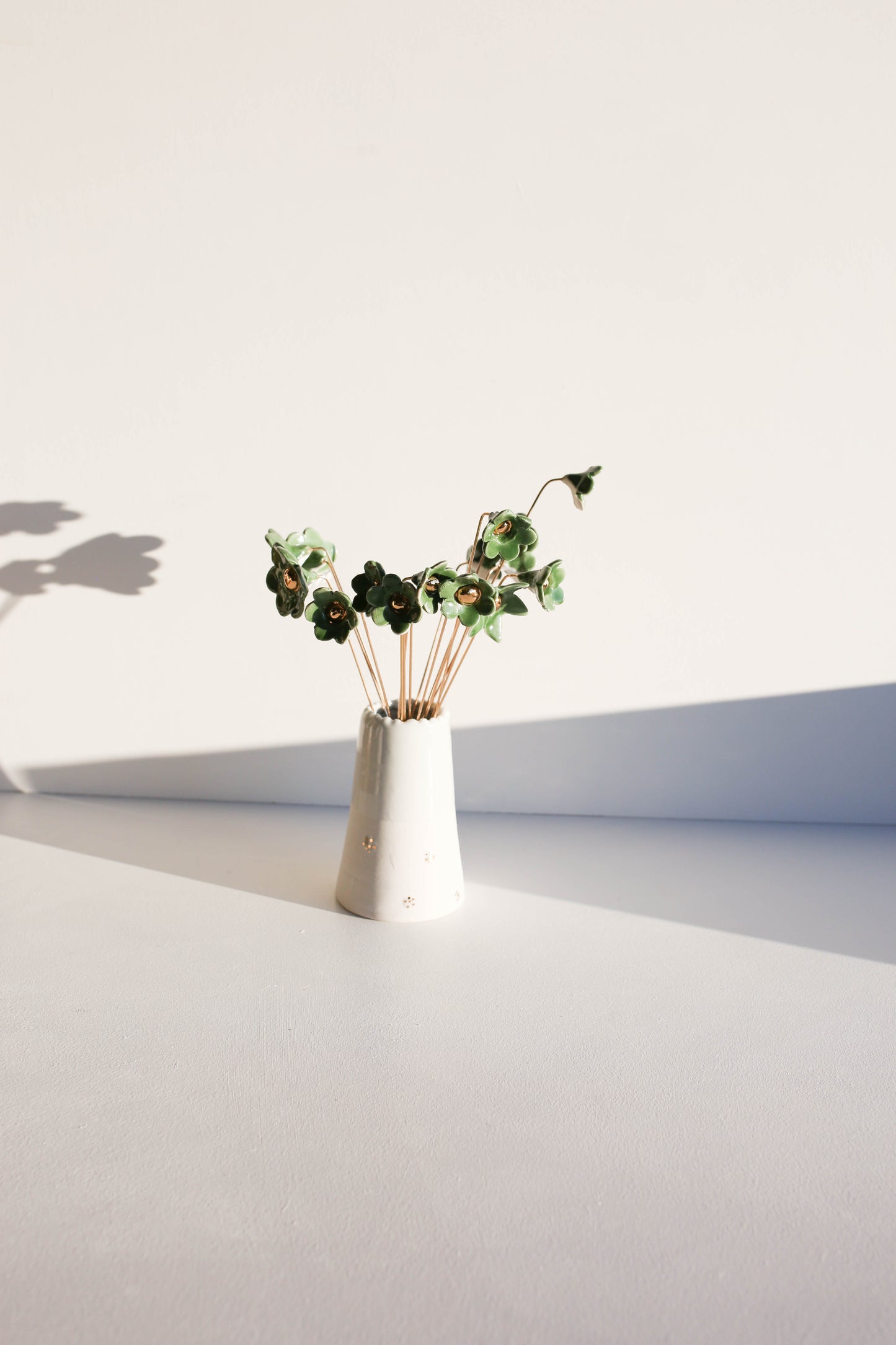 Porcelain Flower set of three on brass wire GREEN