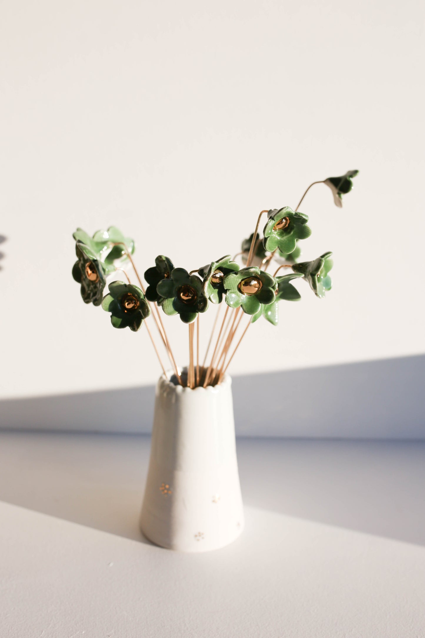 Porcelain Flower set of three on brass wire GREEN