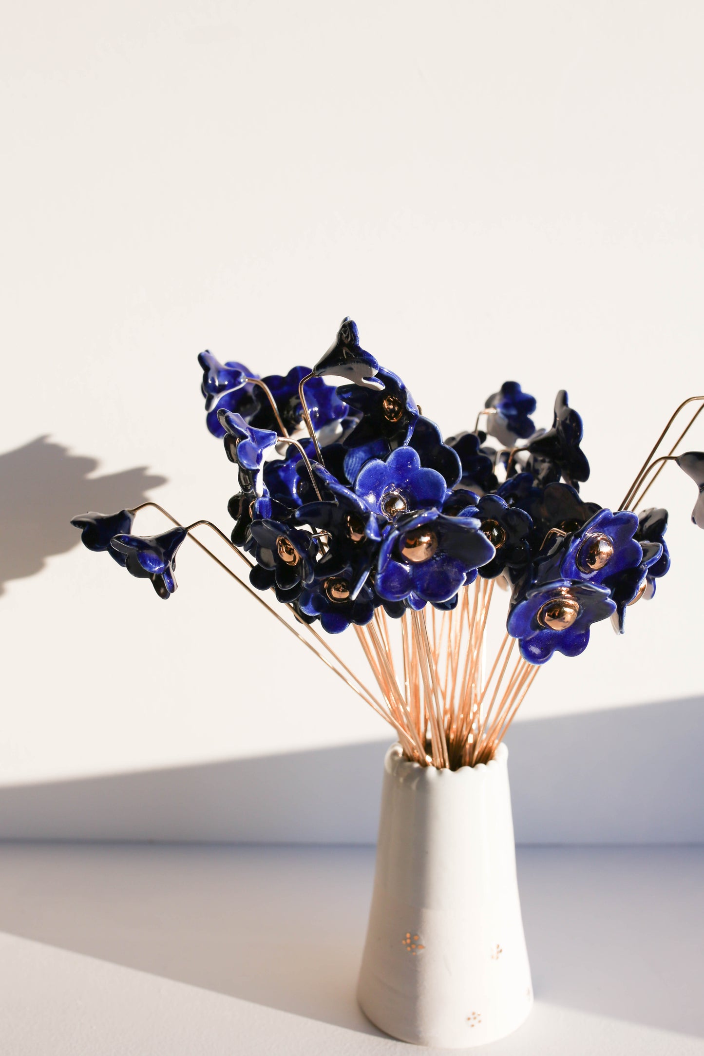 Porcelain Flower set of three on brass wire BLUE