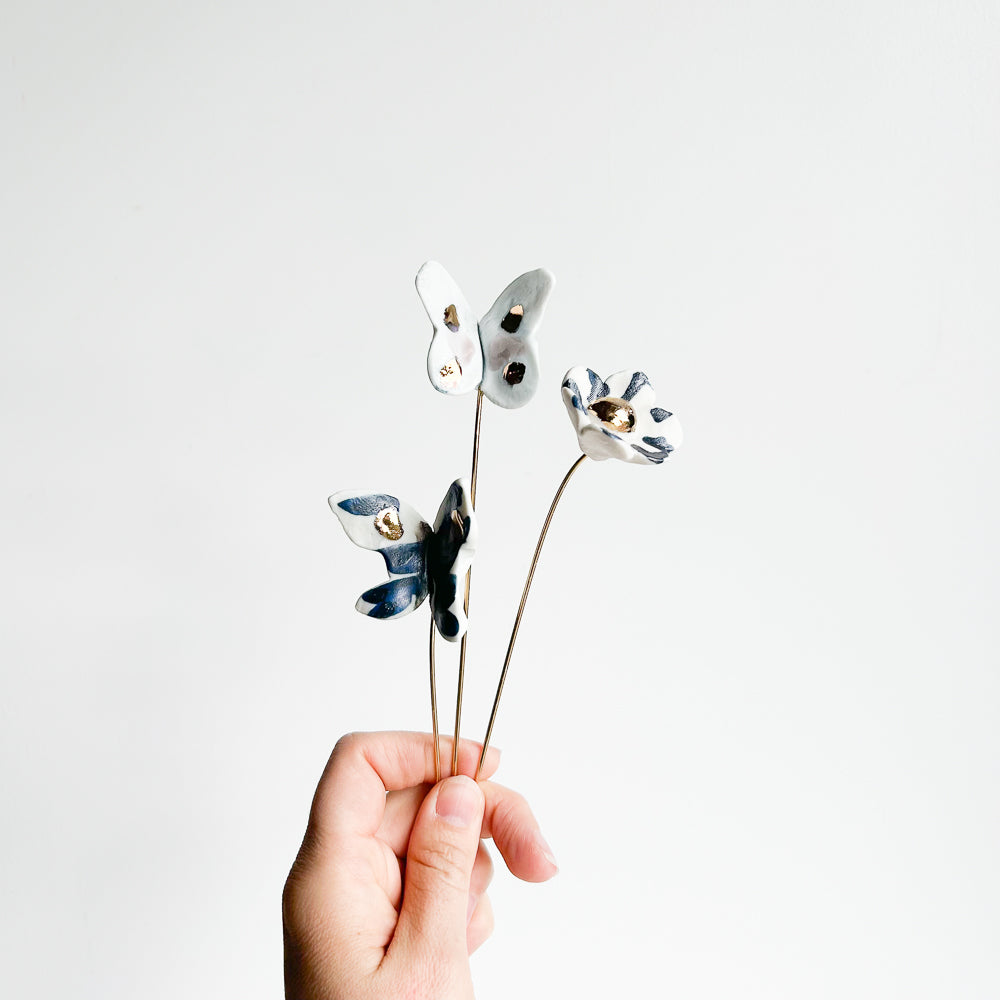 Porcelain flowers or butterflies on brass wire - 3