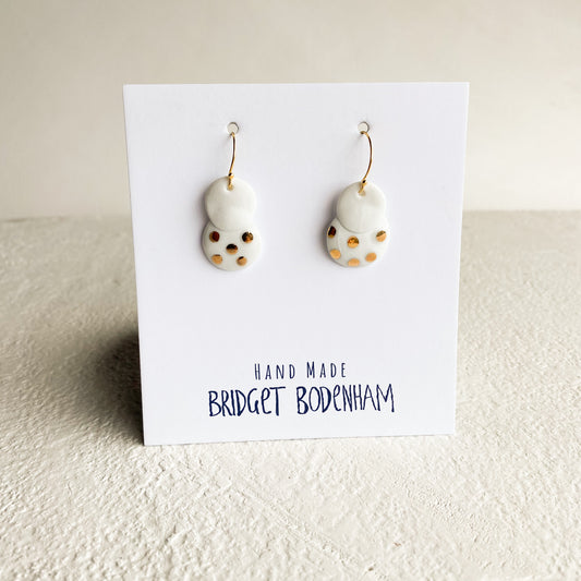 White + Golden Snow Drops - Mini Doubles | Ceramic Earring Pair